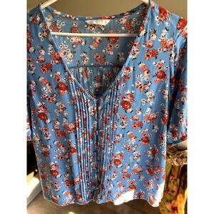 Lucky Brand Floral Blouse Blue Pleated Size Small